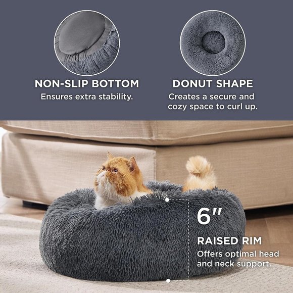 Calming Cat Beds for Indoor Fluffy Plush Faux Fur Pet Washable 20 inches - Picture 2 of 9